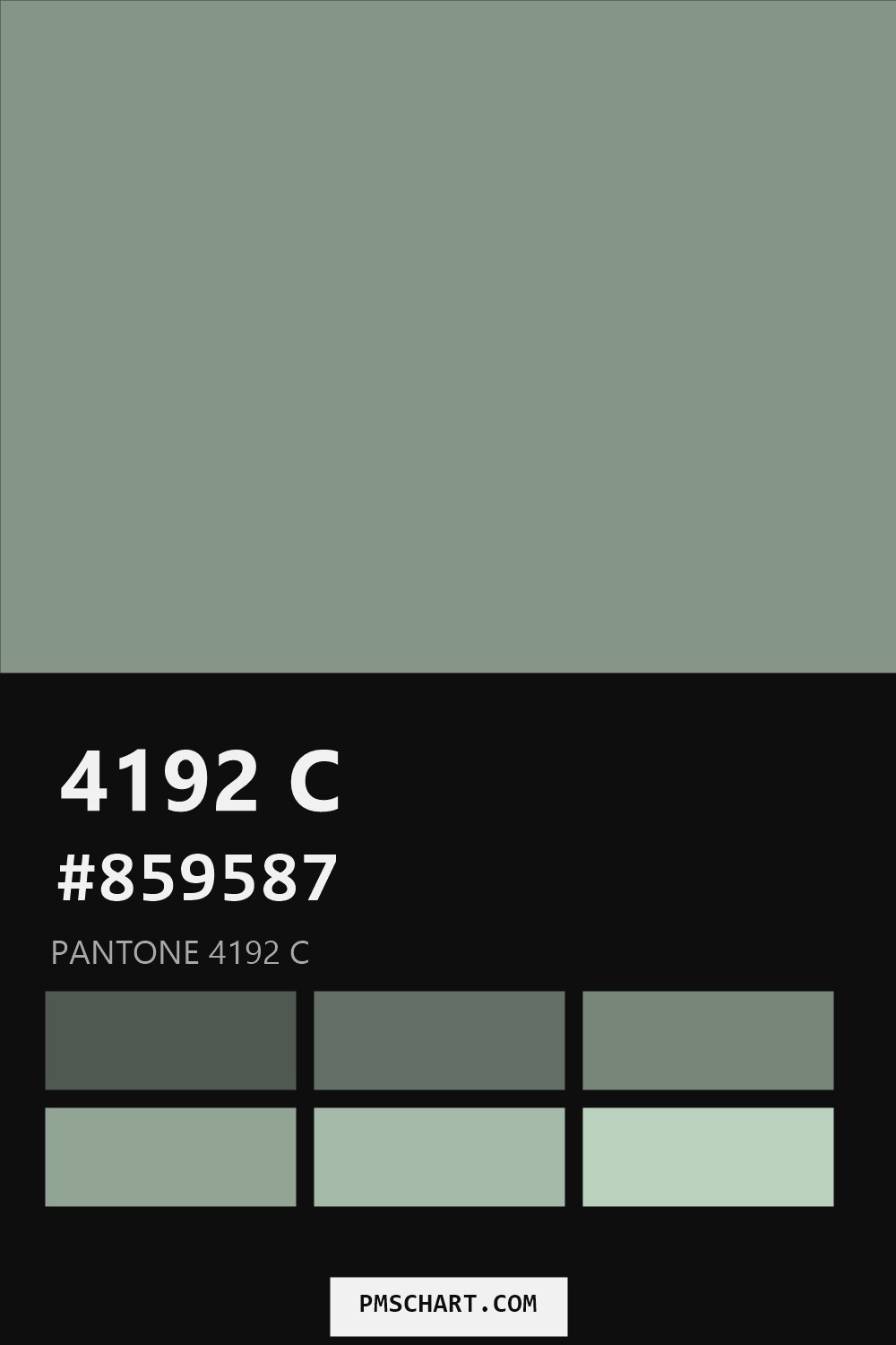 Pantone 4192 C color reference card (HEX #859587) with six nearest Pantone matches