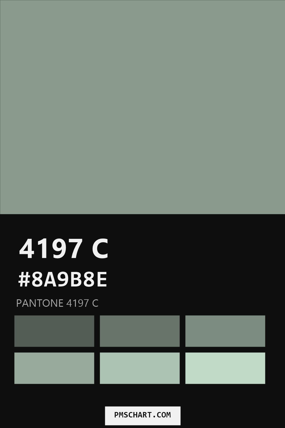Pantone 4197 C color reference card (HEX #8A9B8E) with six nearest Pantone matches