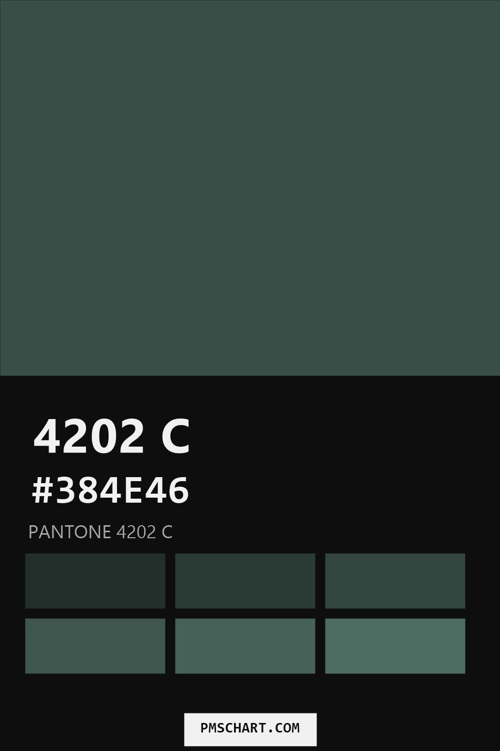 Pantone 4202 C color reference card (HEX #384E46) with six nearest Pantone matches