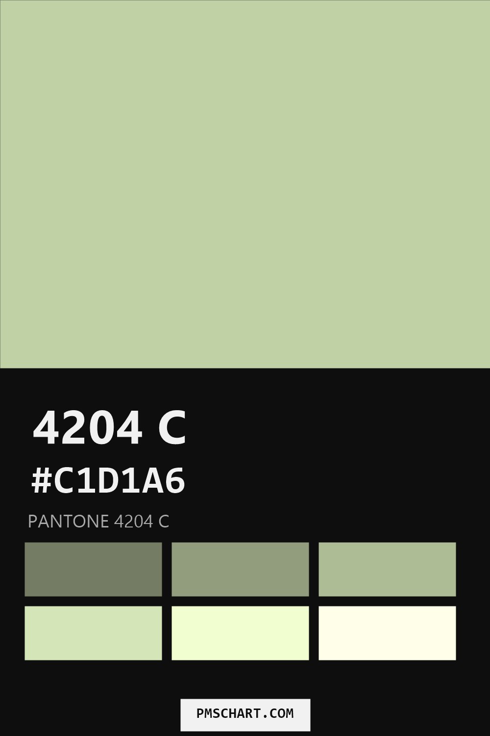 Pantone 4204 C color reference card (HEX #C1D1A6) with six nearest Pantone matches