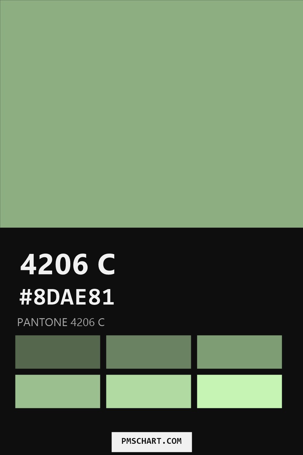 Pantone 4206 C color reference card (HEX #8DAE81) with six nearest Pantone matches