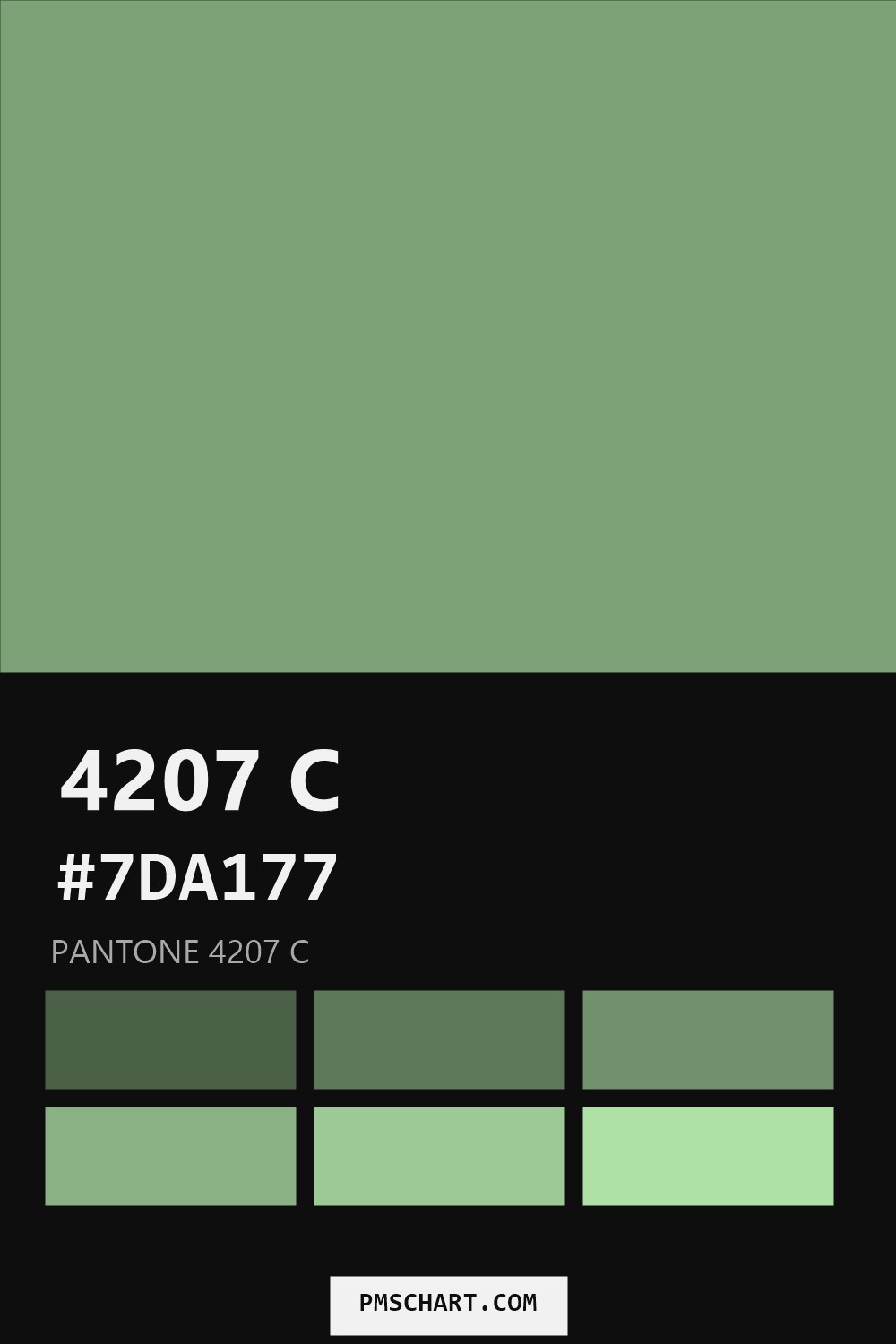 Pantone 4207 C color reference card (HEX #7DA177) with six nearest Pantone matches