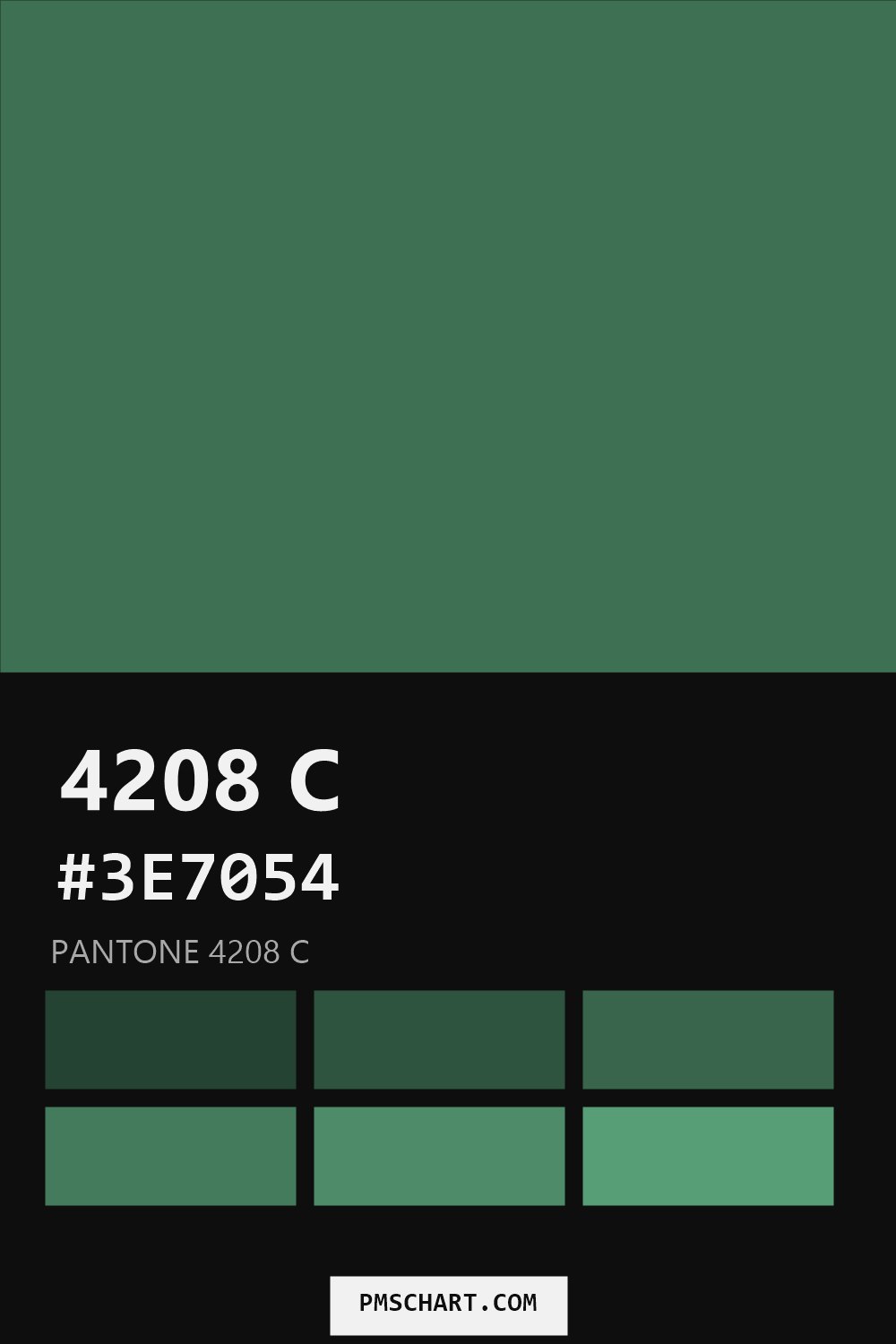 Pantone 4208 C color reference card (HEX #3E7054) with six nearest Pantone matches