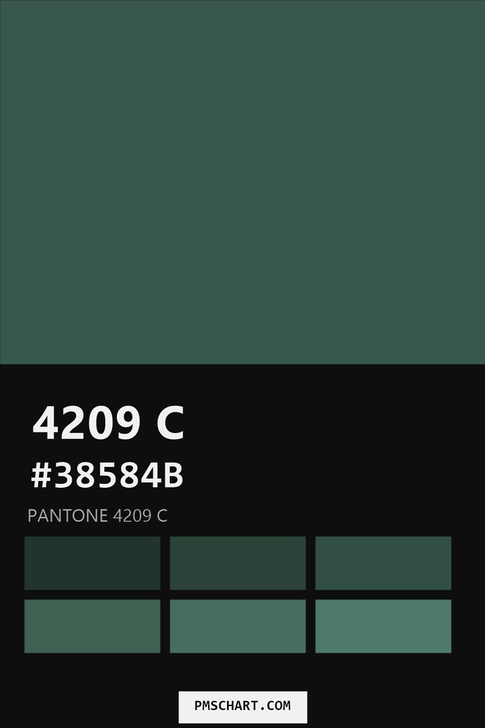 Pantone 4209 C color reference card (HEX #38584B) with six nearest Pantone matches