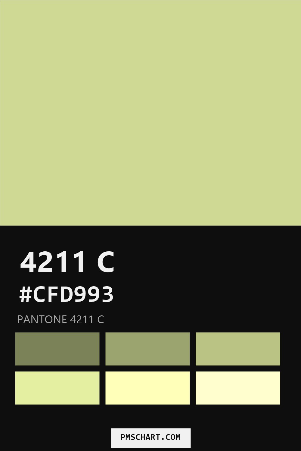 Pantone 4211 C color reference card (HEX #CFD993) with six nearest Pantone matches