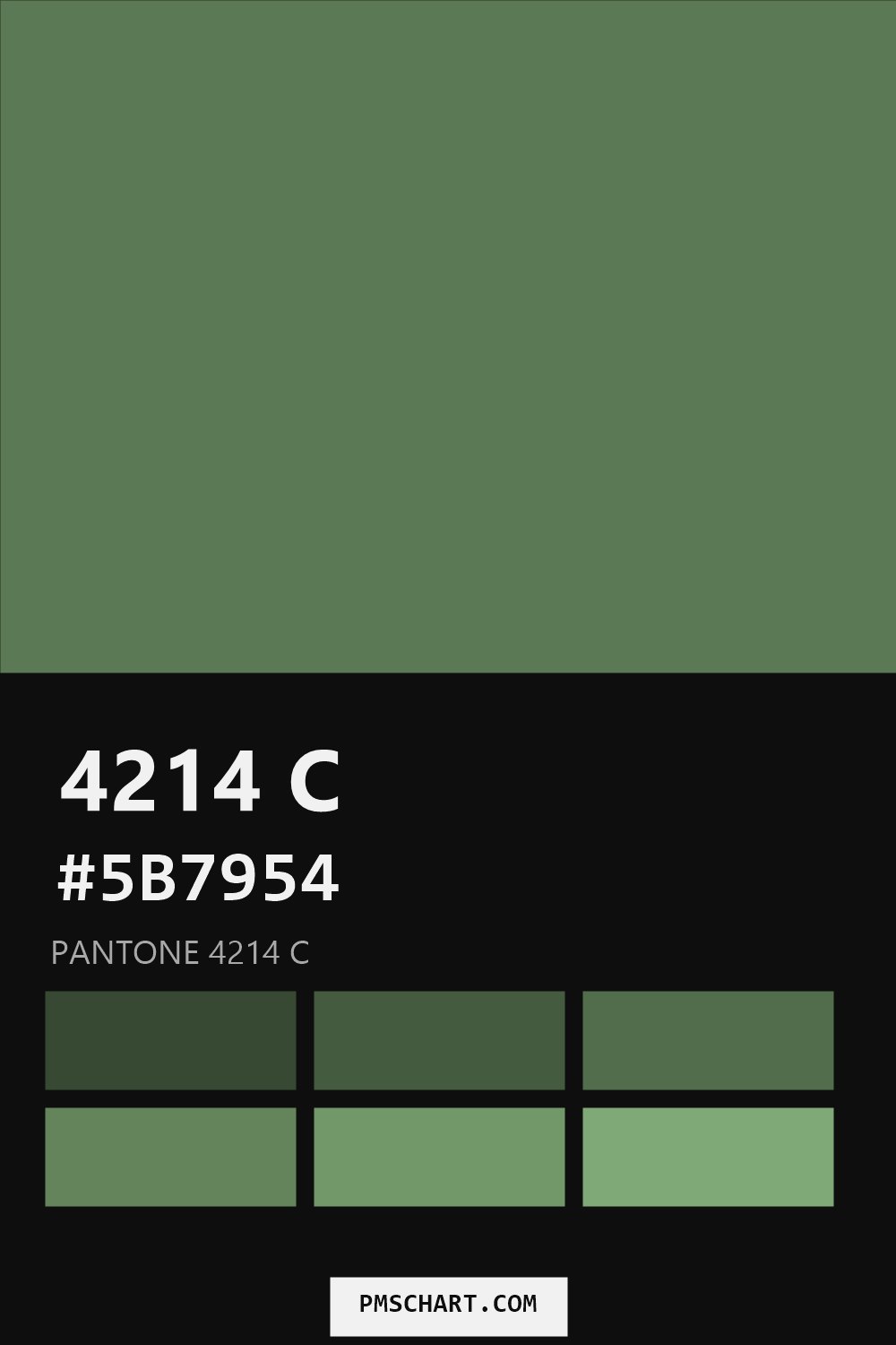 Pantone 4214 C color reference card (HEX #5B7954) with six nearest Pantone matches