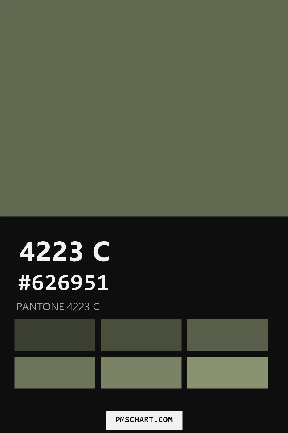 Pantone 4223 C color reference card (HEX #626951) with six nearest Pantone matches