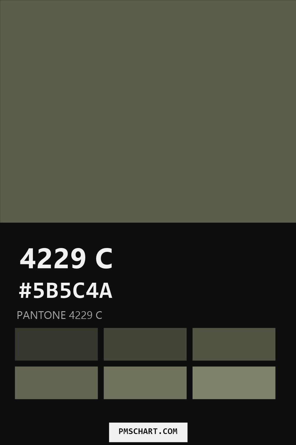 Pantone 4229 C color reference card (HEX #5B5C4A) with six nearest Pantone matches