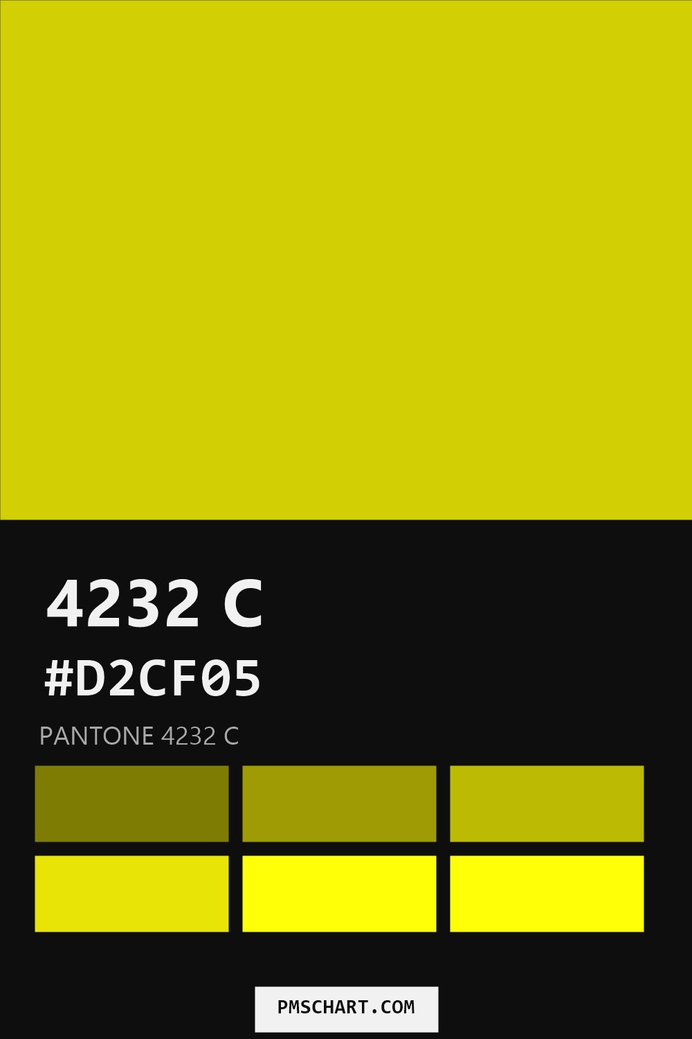 Pantone 4232 C color reference card (HEX #D2CF05) with six nearest Pantone matches