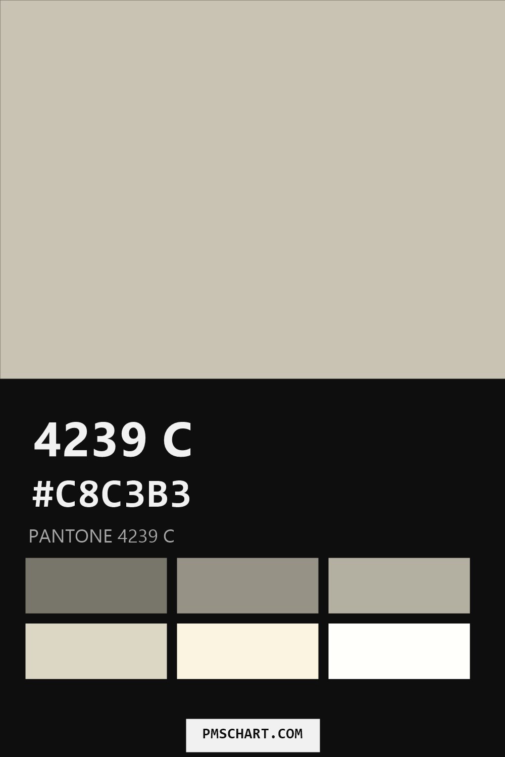 Pantone 4239 C color reference card (HEX #C8C3B3) with six nearest Pantone matches