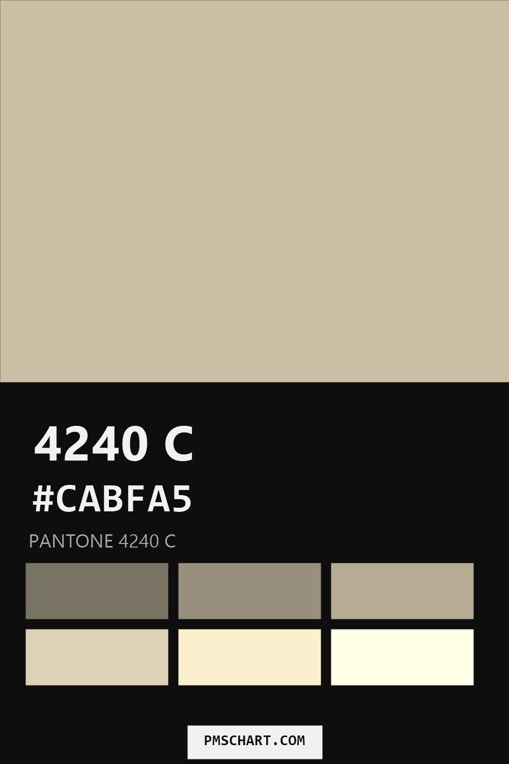 Pantone 4240 C color reference card (HEX #CABFA5) with six nearest Pantone matches