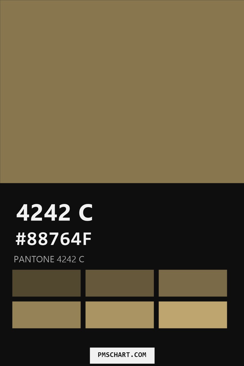 Pantone 4242 C color reference card (HEX #88764F) with six nearest Pantone matches