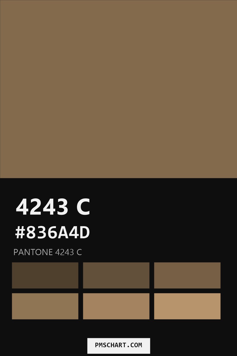 Pantone 4243 C color reference card (HEX #836A4D) with six nearest Pantone matches