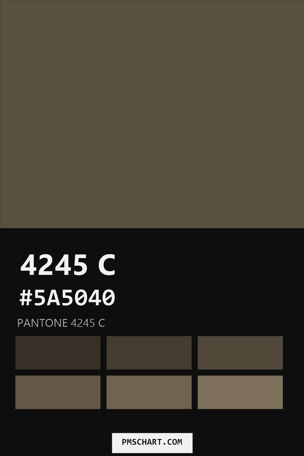 Pantone 4245 C color reference card (HEX #5A5040) with six nearest Pantone matches