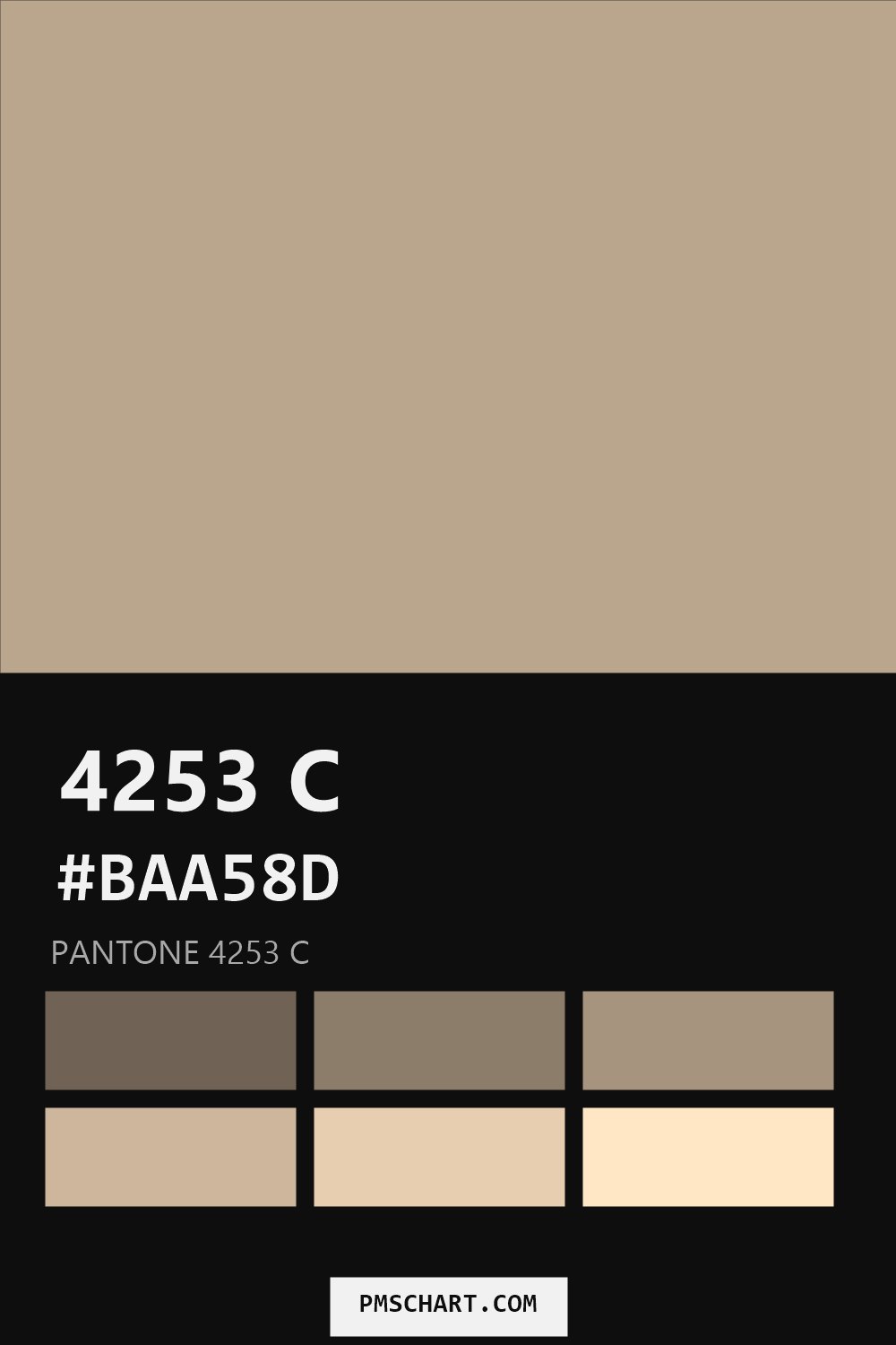 Pantone 4253 C color reference card (HEX #BAA58D) with six nearest Pantone matches