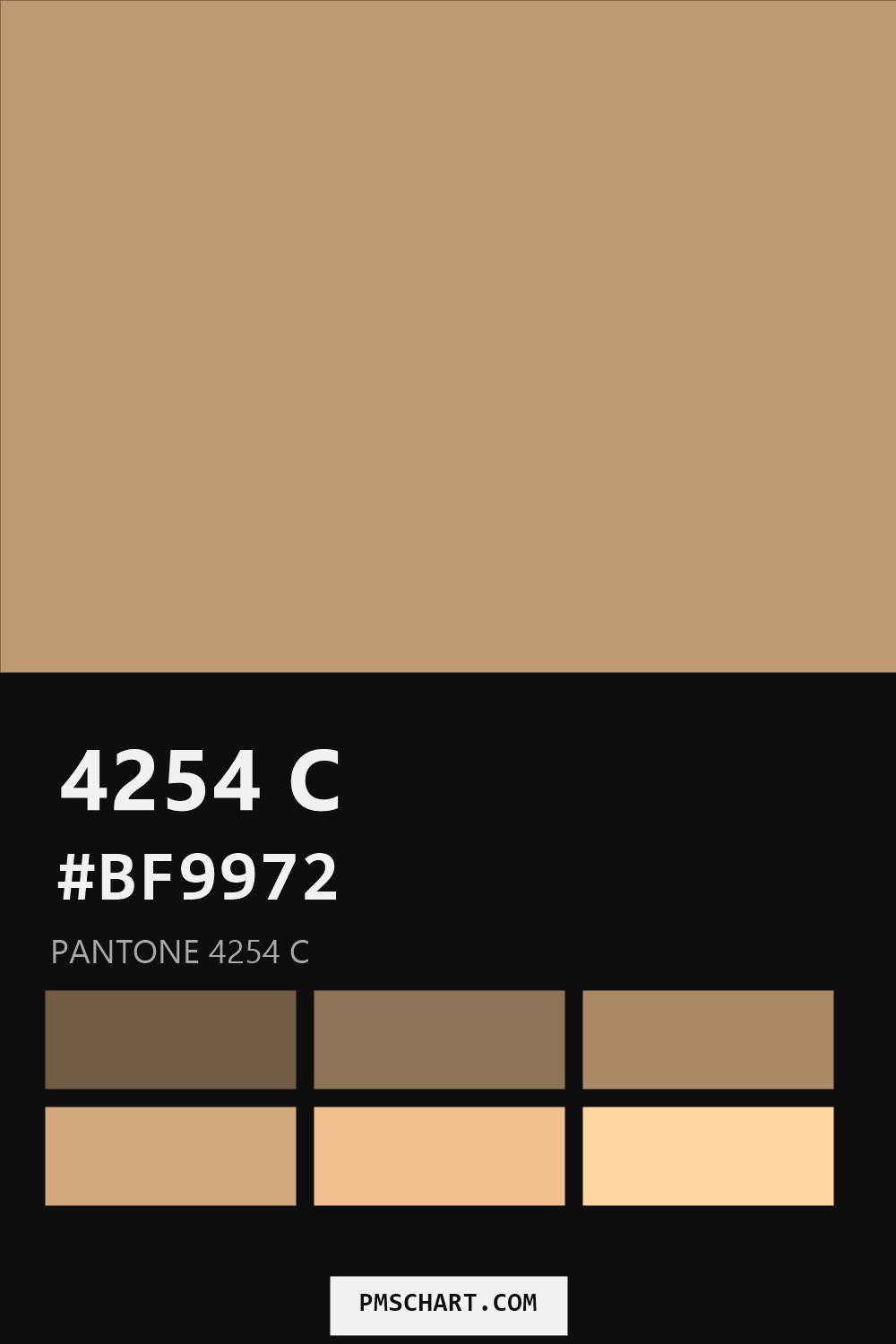 Pantone 4254 C color reference card (HEX #BF9972) with six nearest Pantone matches