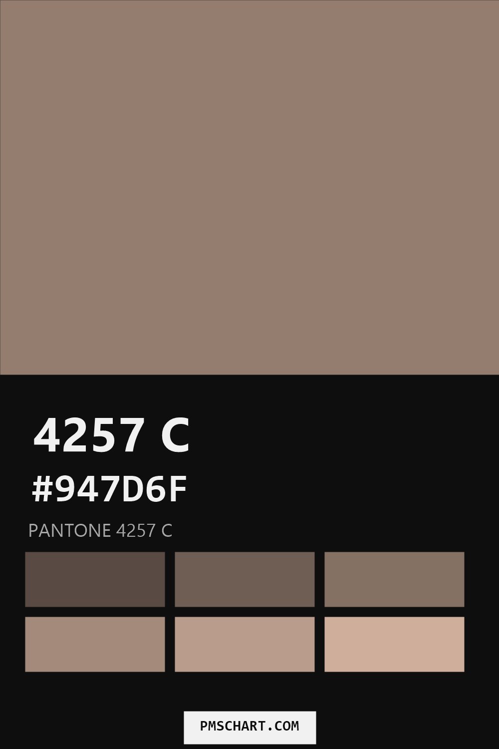 Pantone 4257 C color reference card (HEX #947D6F) with six nearest Pantone matches