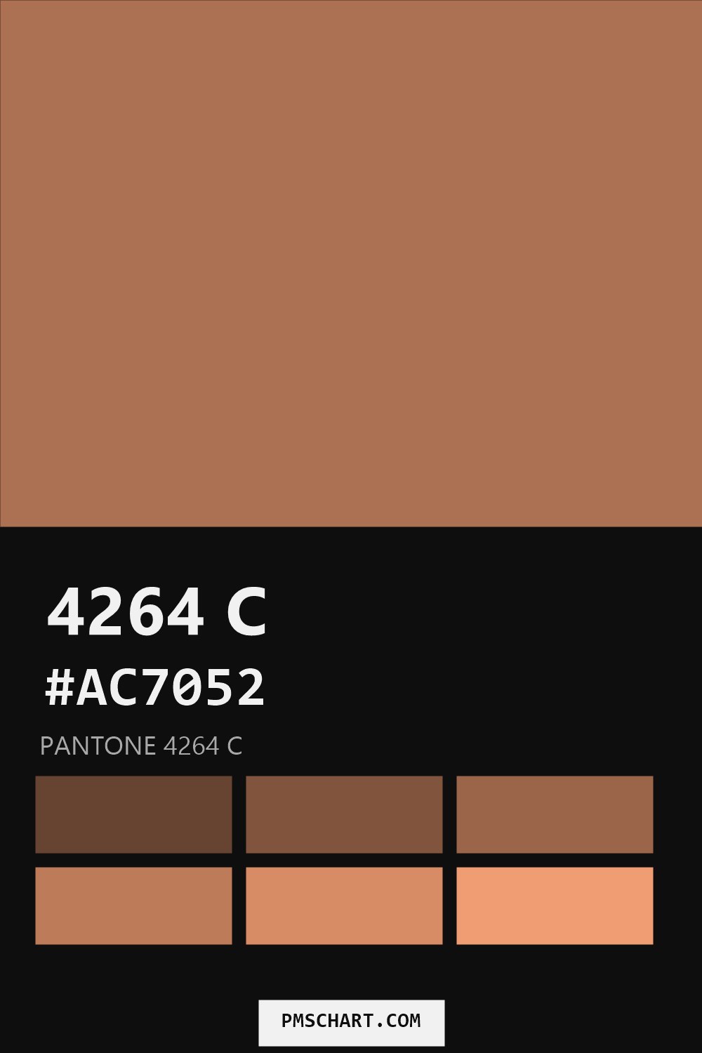 Pantone 4264 C color reference card (HEX #AC7052) with six nearest Pantone matches