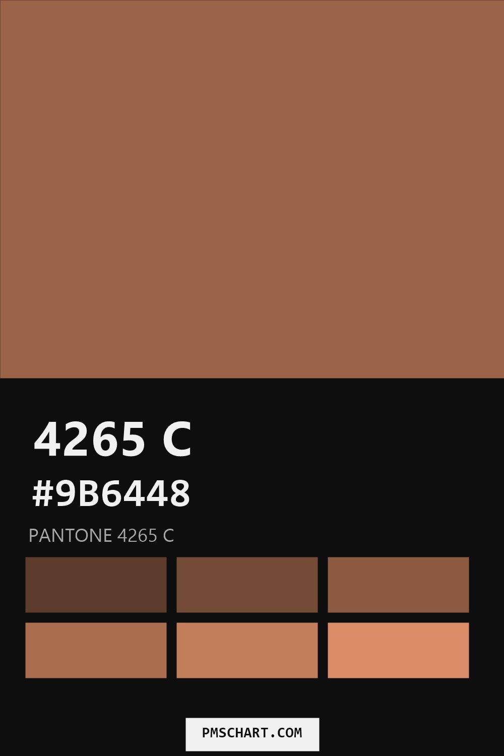 Pantone 4265 C color reference card (HEX #9B6448) with six nearest Pantone matches