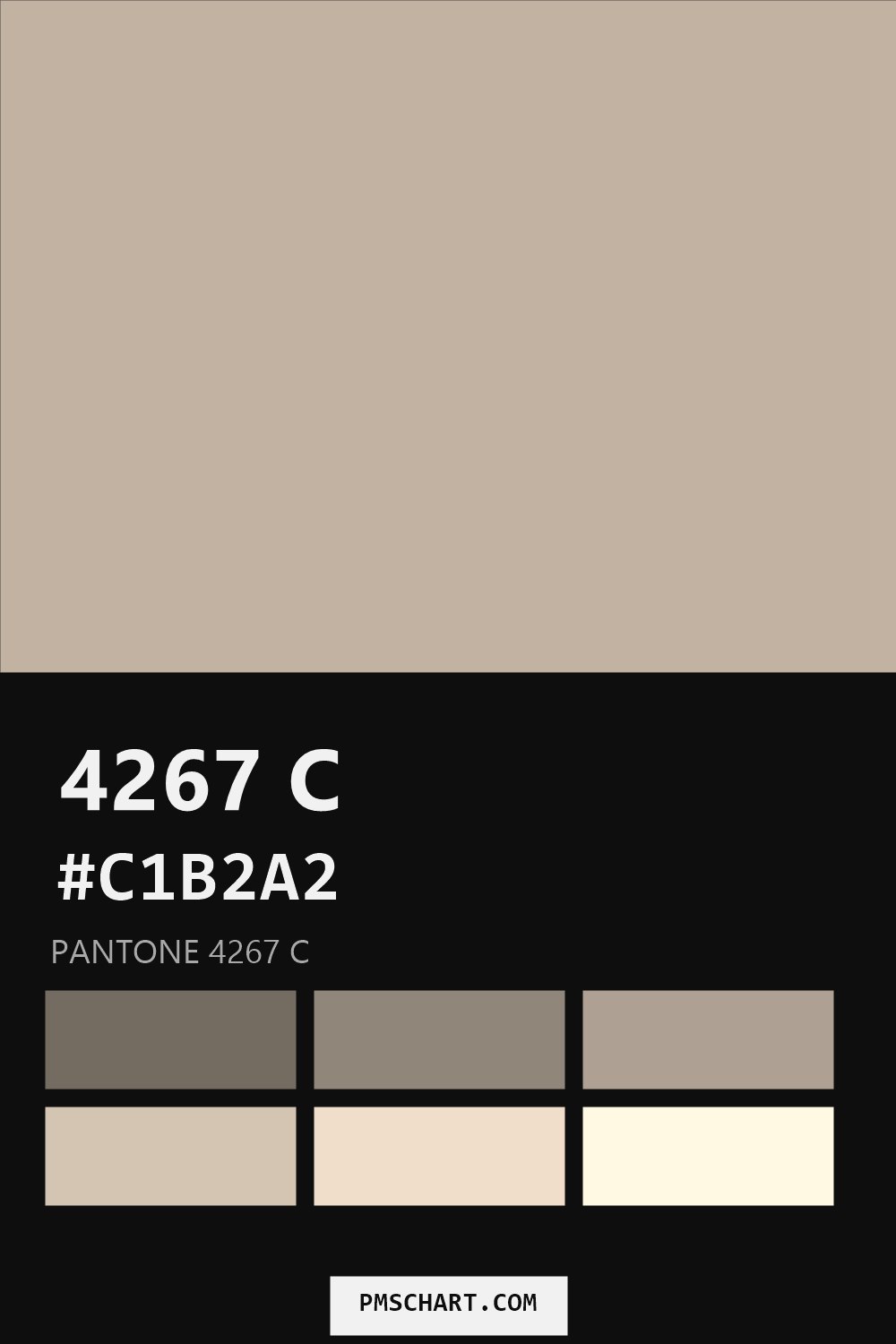Pantone 4267 C color reference card (HEX #C1B2A2) with six nearest Pantone matches