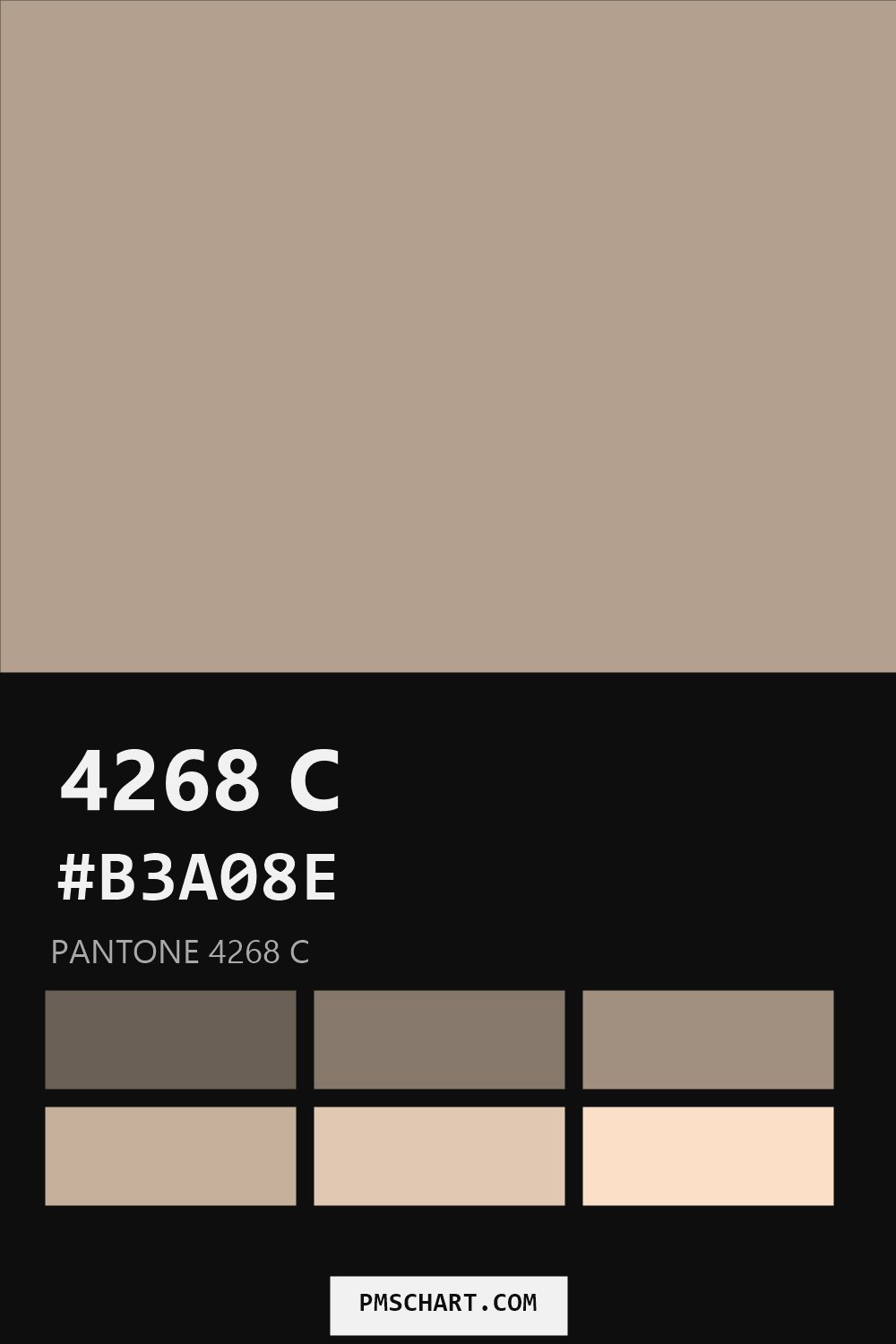 Pantone 4268 C color reference card (HEX #B3A08E) with six nearest Pantone matches