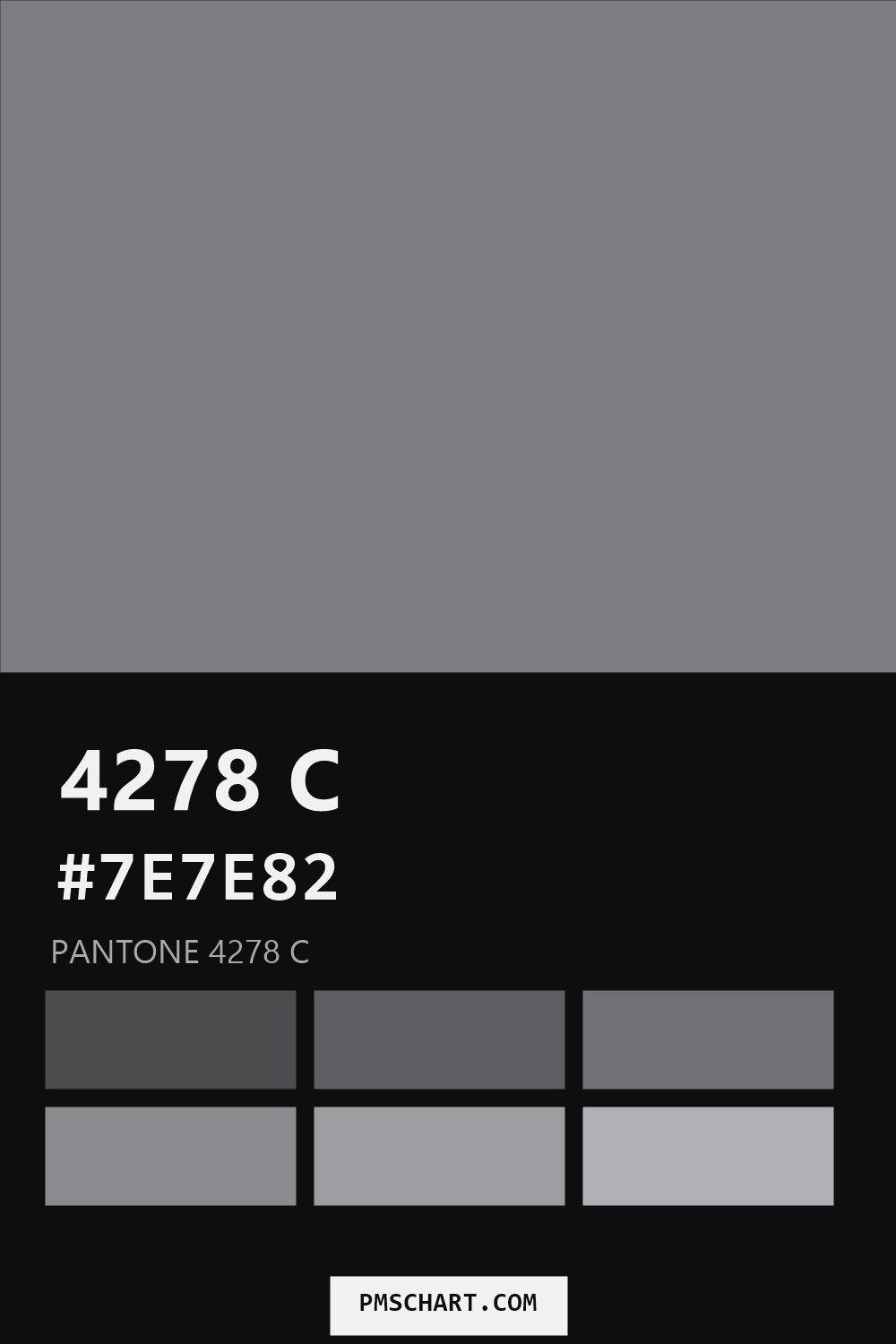 Pantone 4278 C color reference card (HEX #7E7E82) with six nearest Pantone matches