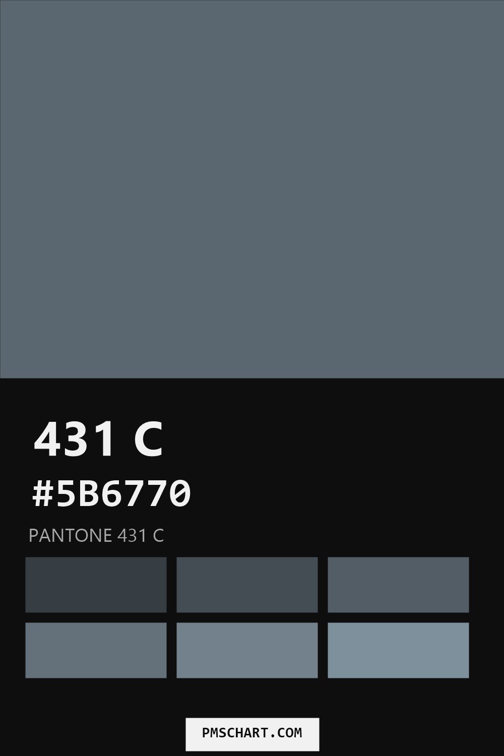 Pantone 431 C color reference card (HEX #5B6770) with six nearest Pantone matches