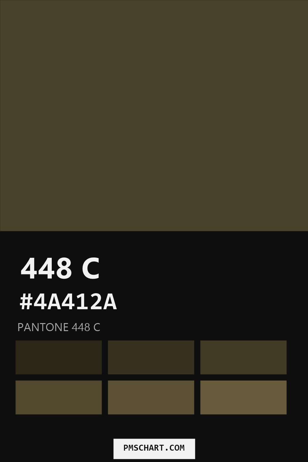 Pantone 448 C color reference card (HEX #4A412A) with six nearest Pantone matches