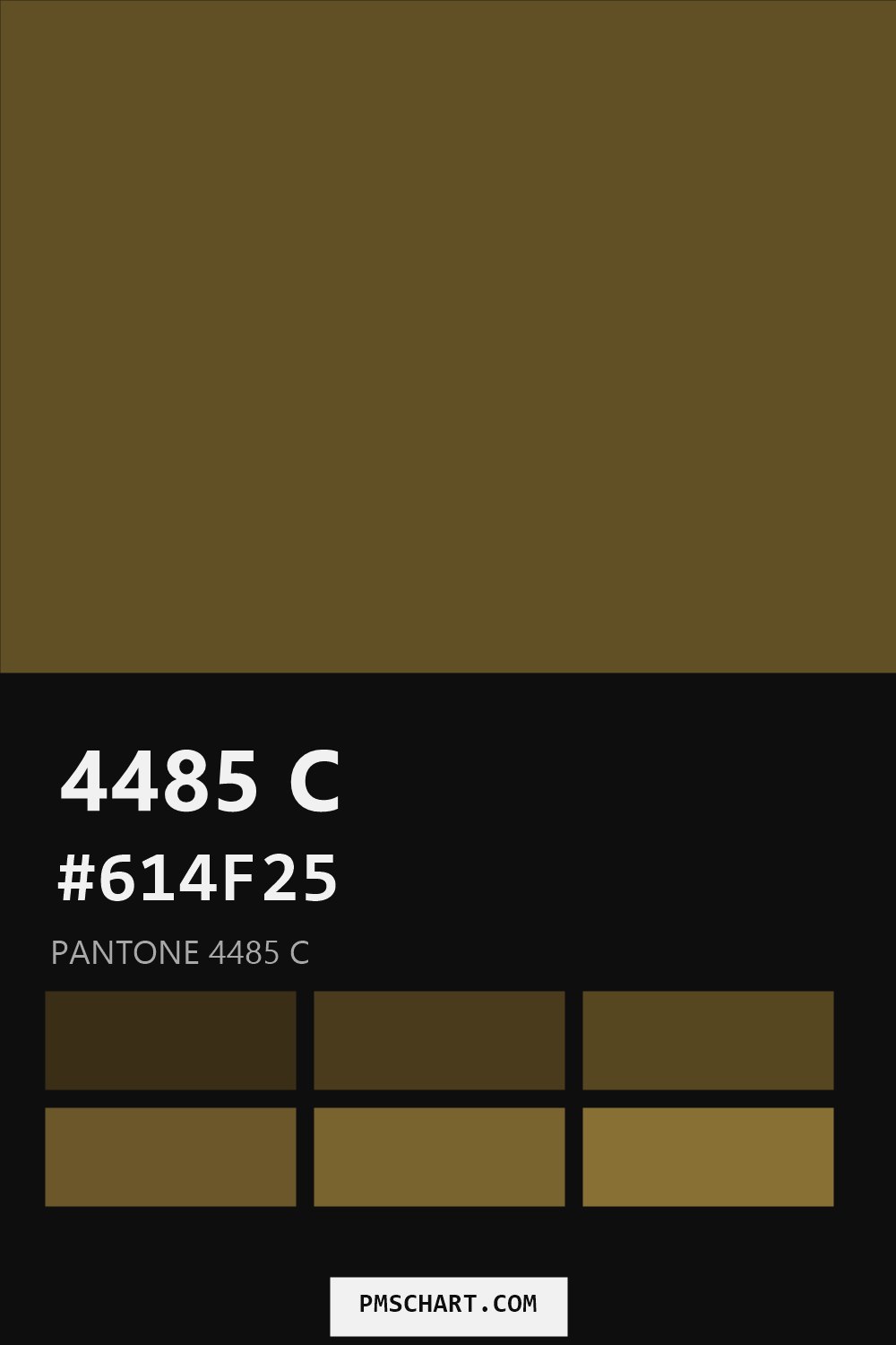 Pantone 4485 C color reference card (HEX #614F25) with six nearest Pantone matches