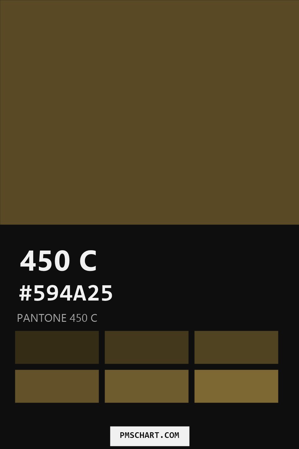 Pantone 450 C color reference card (HEX #594A25) with six nearest Pantone matches