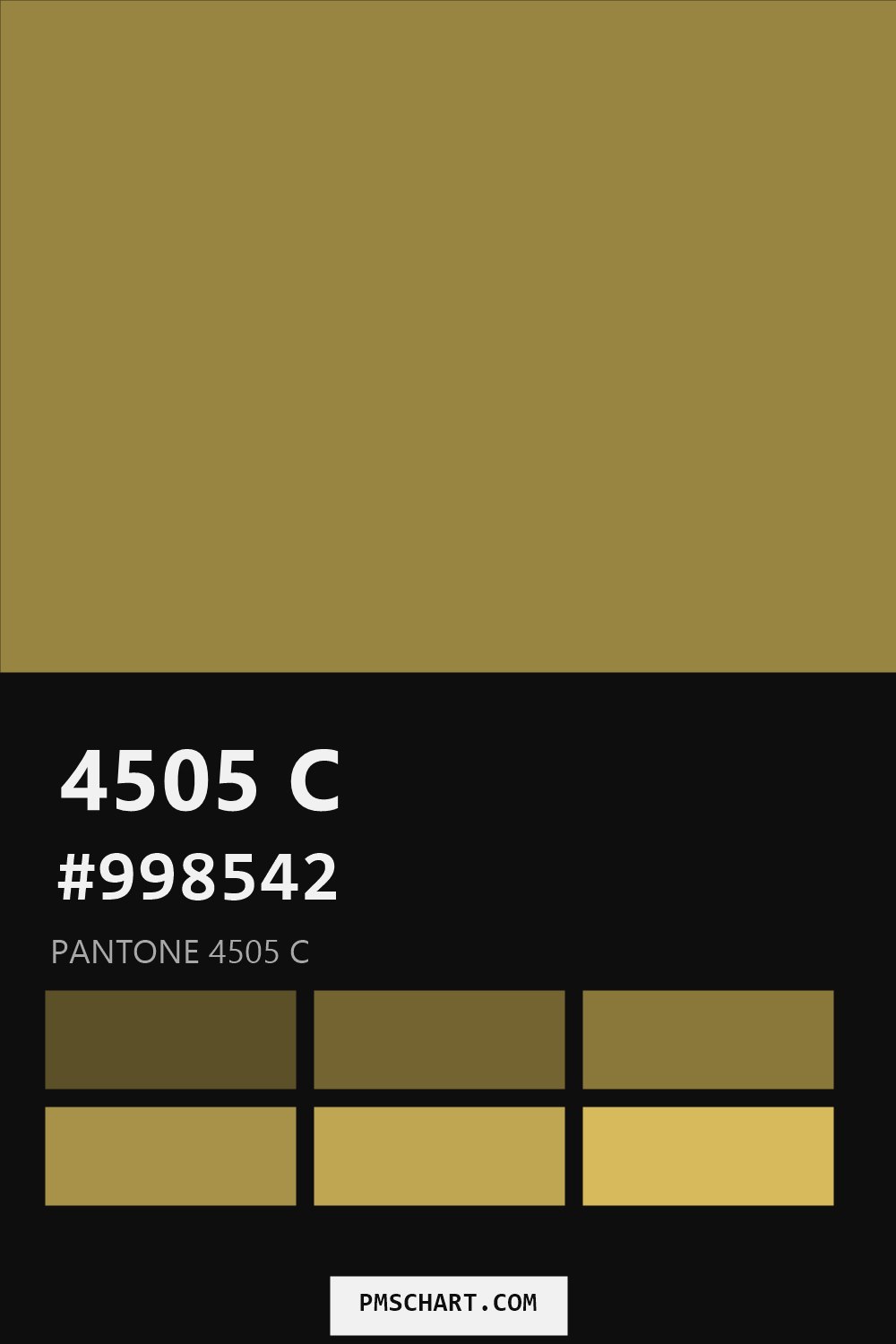 Pantone 4505 C color reference card (HEX #998542) with six nearest Pantone matches