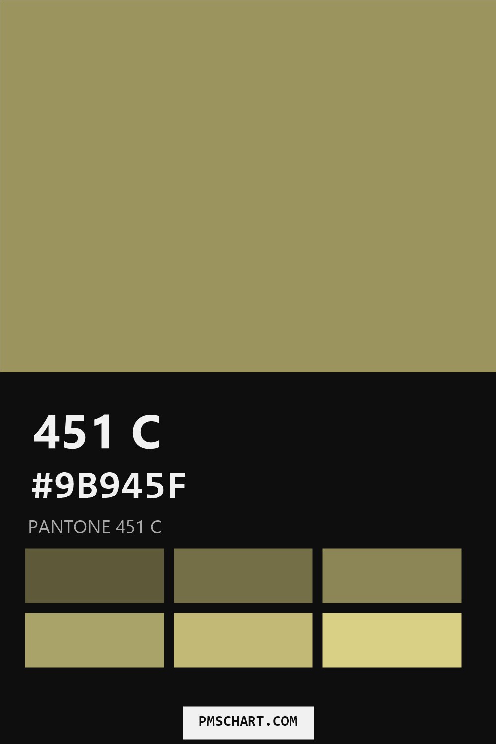 Pantone 451 C color reference card (HEX #9B945F) with six nearest Pantone matches