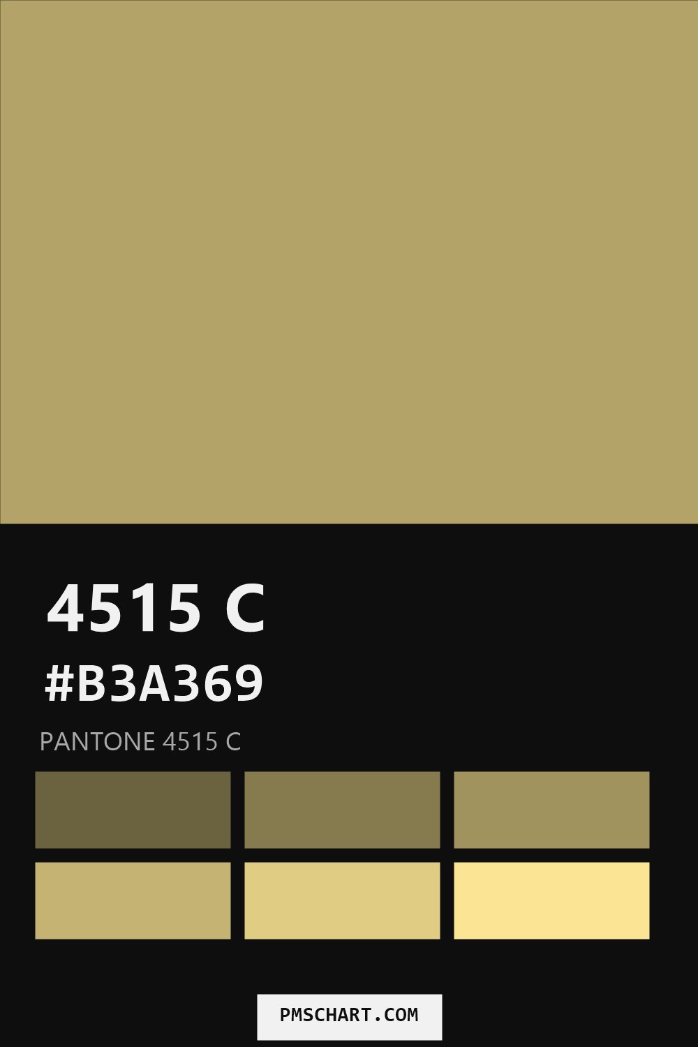 Pantone 4515 C color reference card (HEX #B3A369) with six nearest Pantone matches