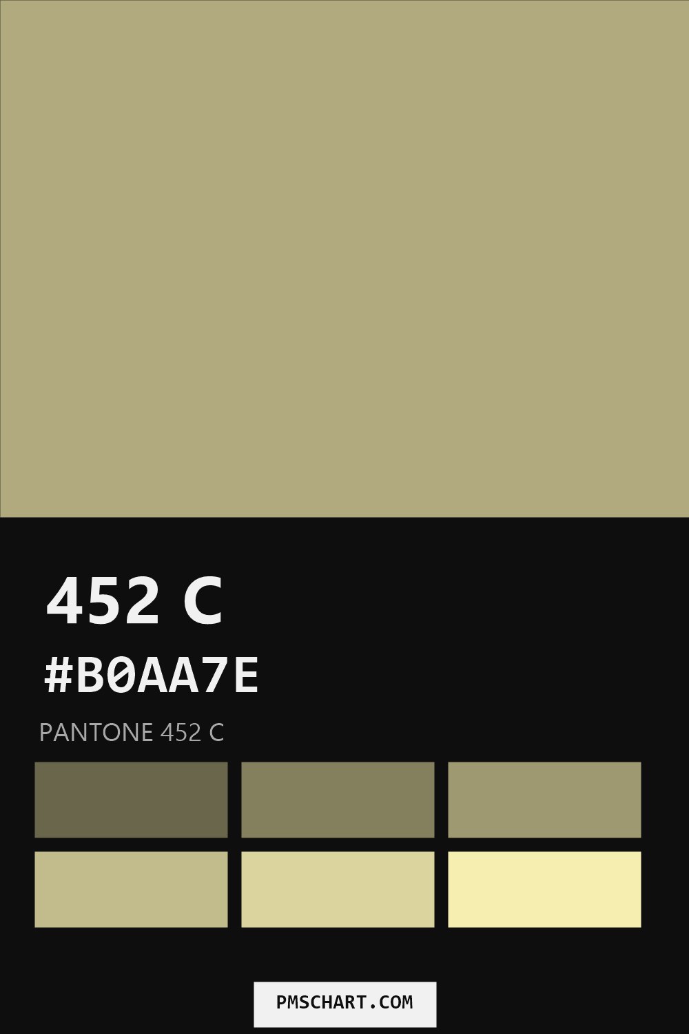 Pantone 452 C color reference card (HEX #B0AA7E) with six nearest Pantone matches