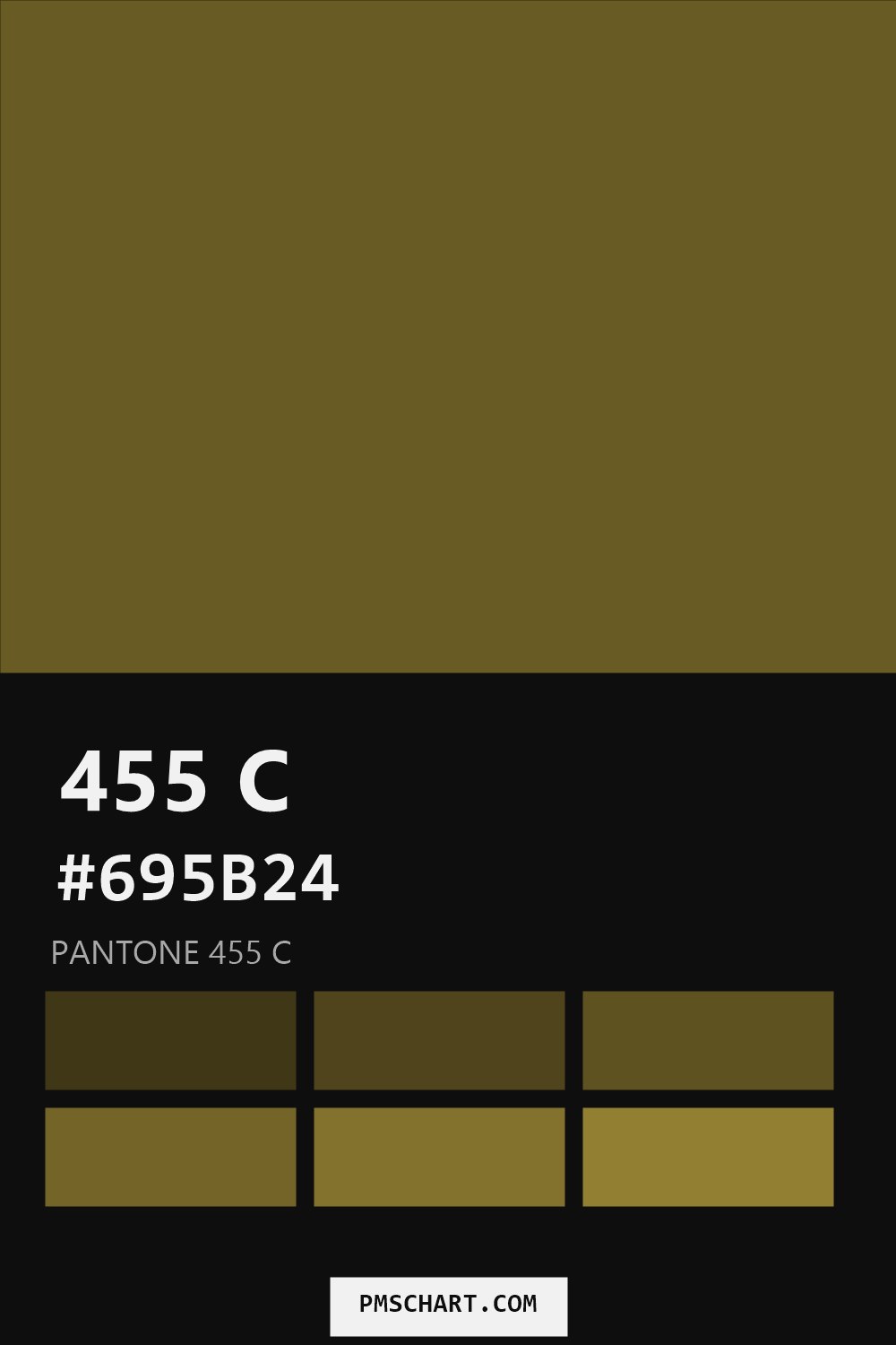 Pantone 455 C color reference card (HEX #695B24) with six nearest Pantone matches