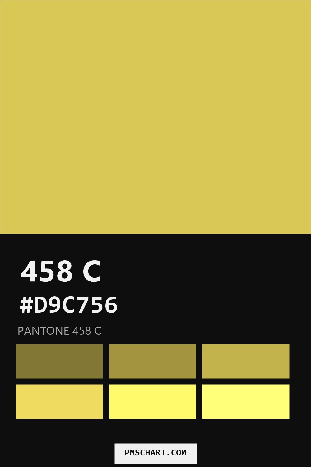 Pantone 458 C color reference card (HEX #D9C756) with six nearest Pantone matches