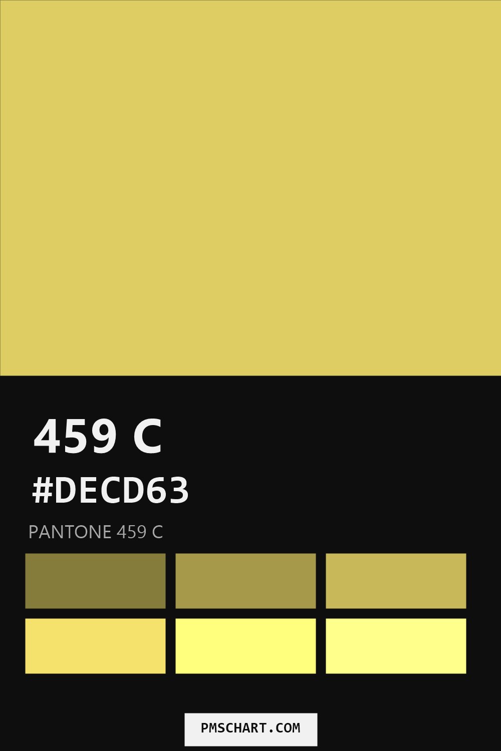 Pantone 459 C color reference card (HEX #DECD63) with six nearest Pantone matches
