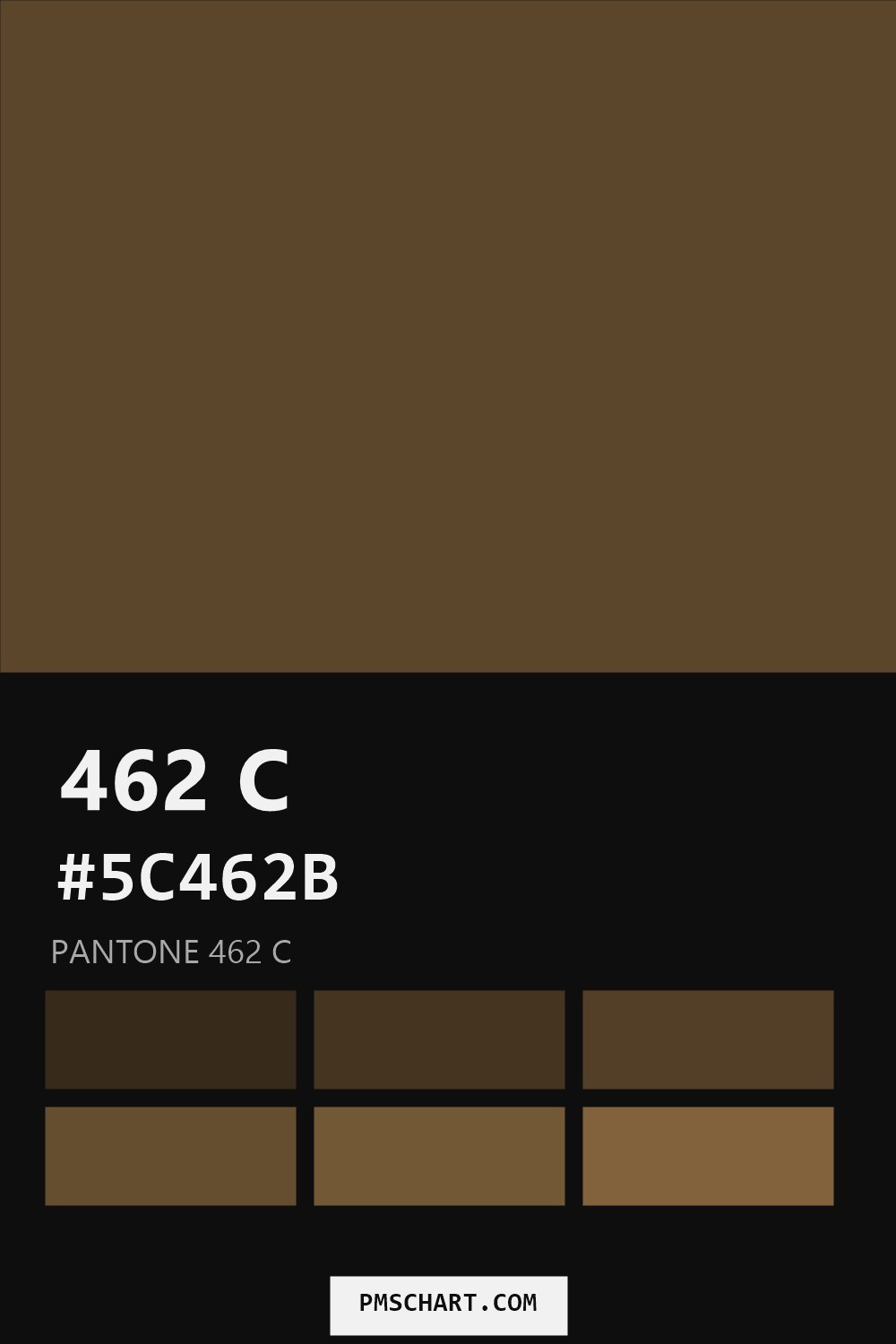 Pantone 462 C color reference card (HEX #5C462B) with six nearest Pantone matches