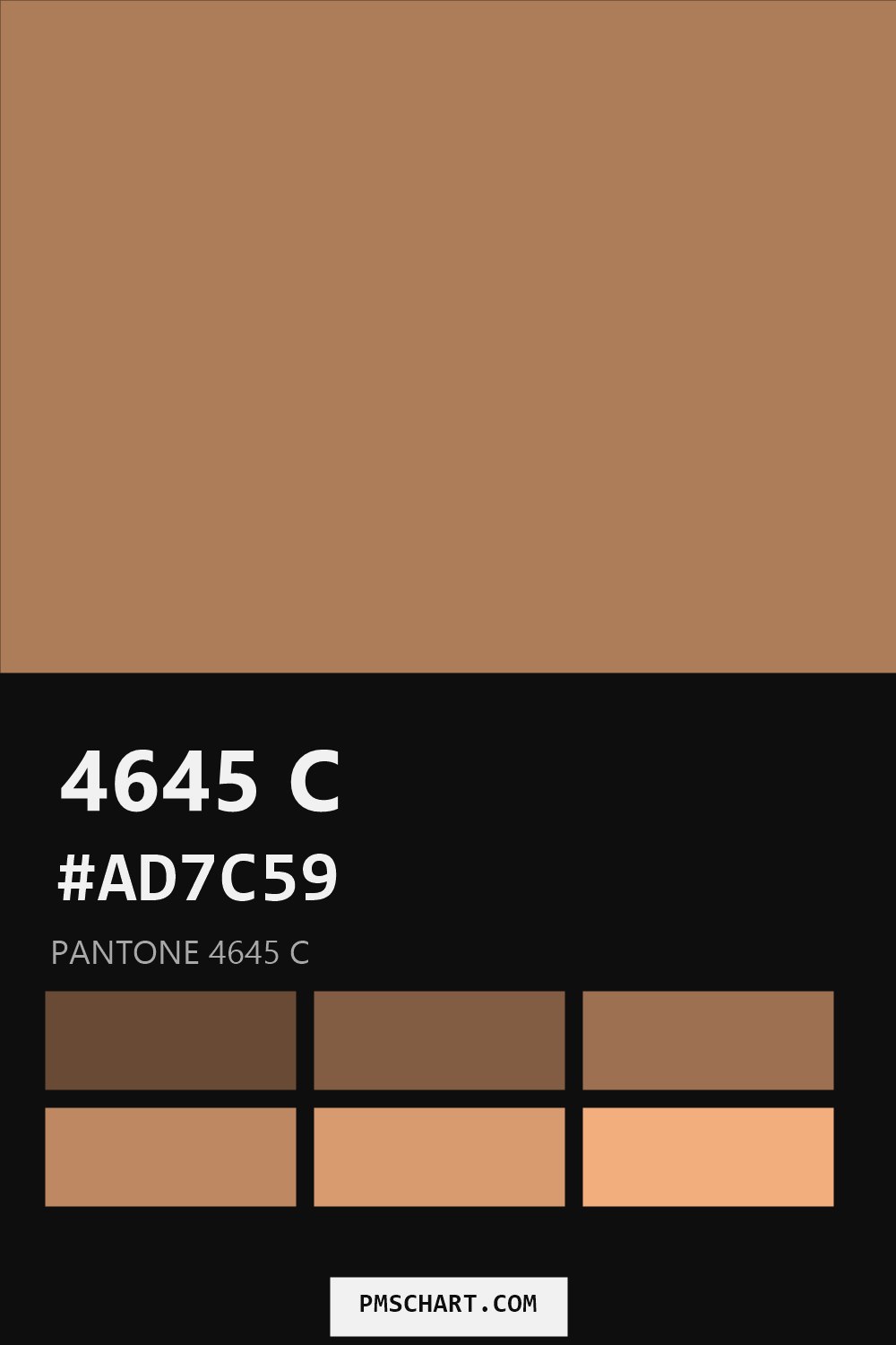 Pantone 4645 C color reference card (HEX #AD7C59) with six nearest Pantone matches