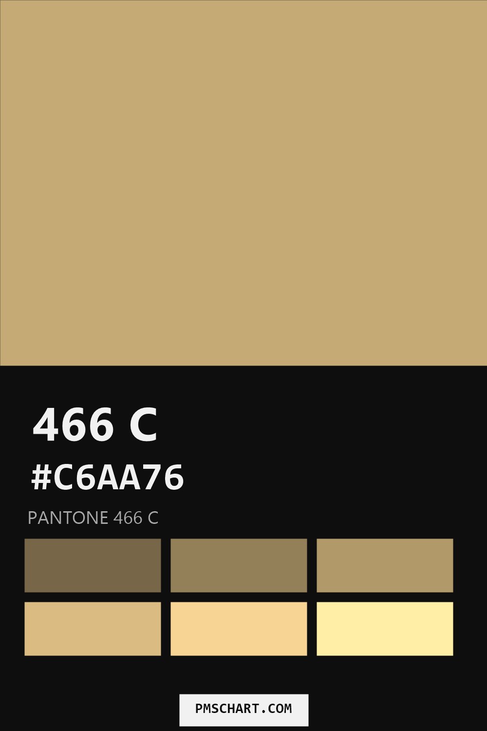 Pantone 466 C color reference card (HEX #C6AA76) with six nearest Pantone matches
