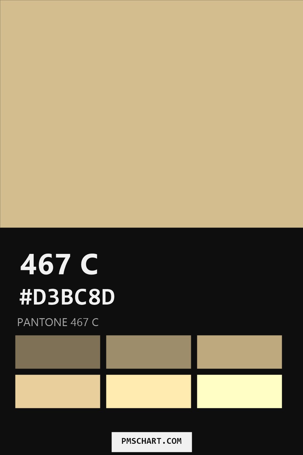 Pantone 467 C color reference card (HEX #D3BC8D) with six nearest Pantone matches