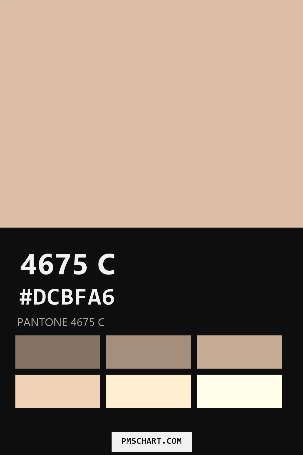 Pantone 4675 C color reference card (HEX #DCBFA6) with six nearest Pantone matches