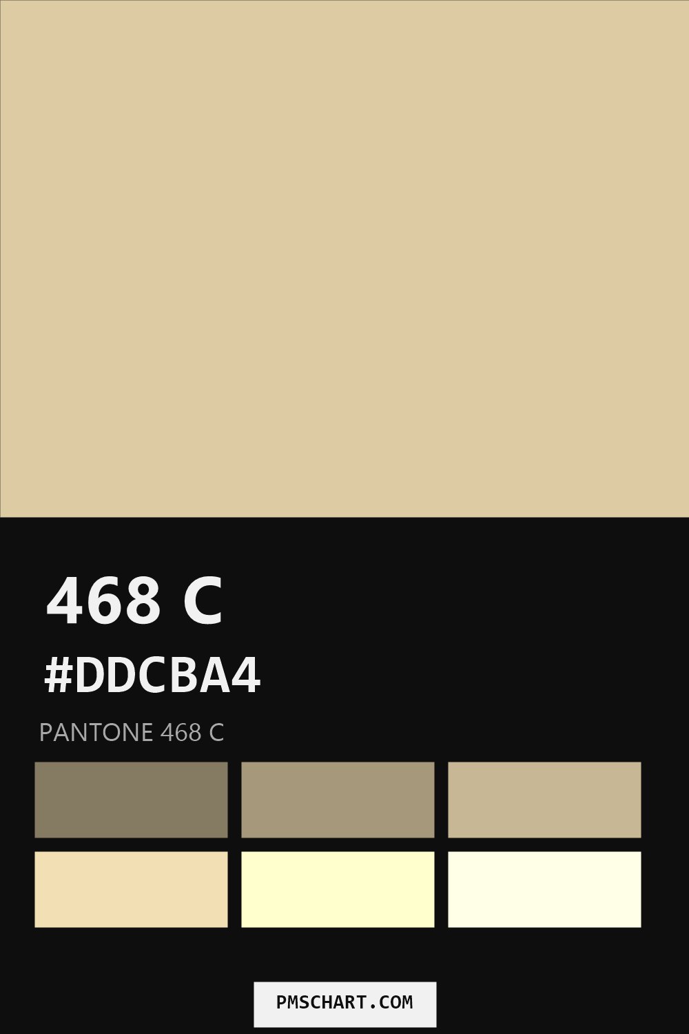 Pantone 468 C color reference card (HEX #DDCBA4) with six nearest Pantone matches