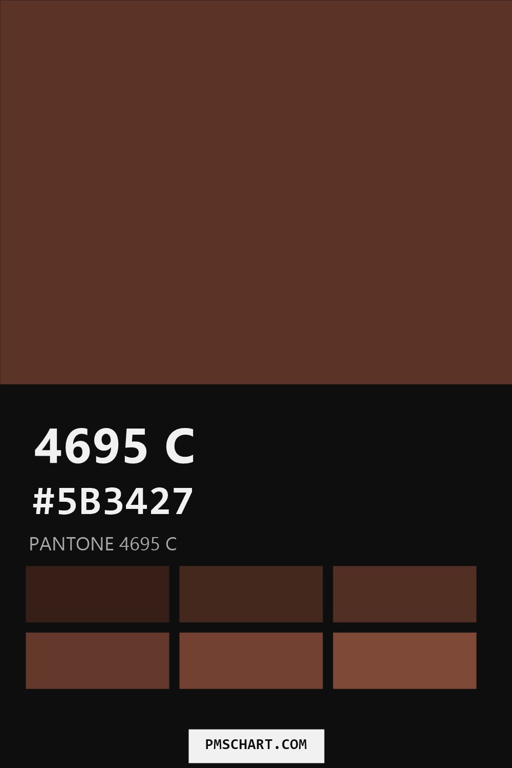Pantone 4695 C color reference card (HEX #5B3427) with six nearest Pantone matches