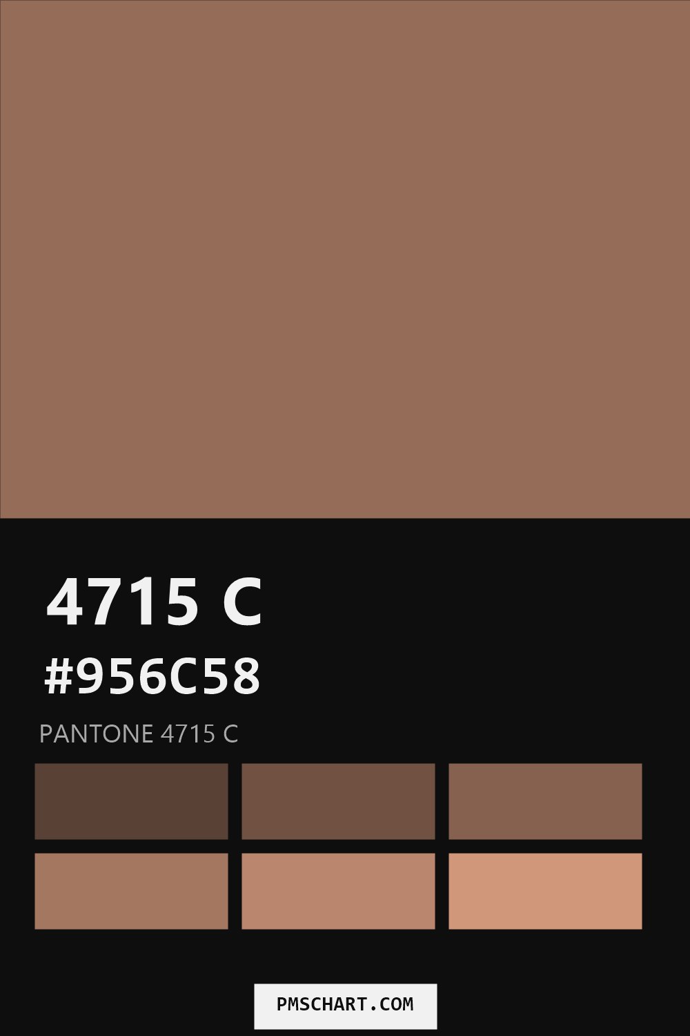 Pantone 4715 C color reference card (HEX #956C58) with six nearest Pantone matches