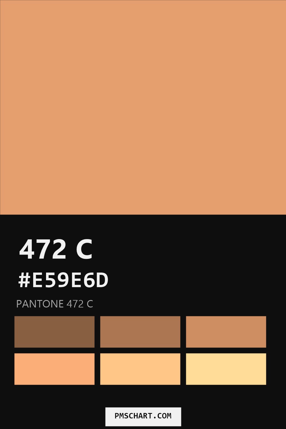 Pantone 472 C color reference card (HEX #E59E6D) with six nearest Pantone matches
