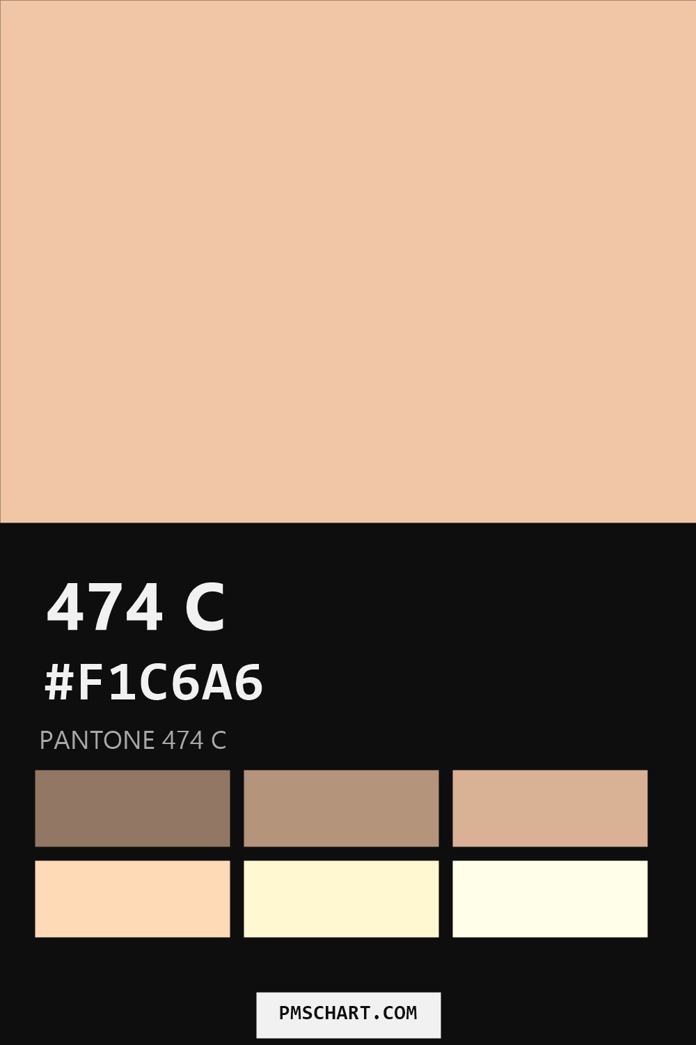 Pantone 474 C color reference card (HEX #F1C6A6) with six nearest Pantone matches