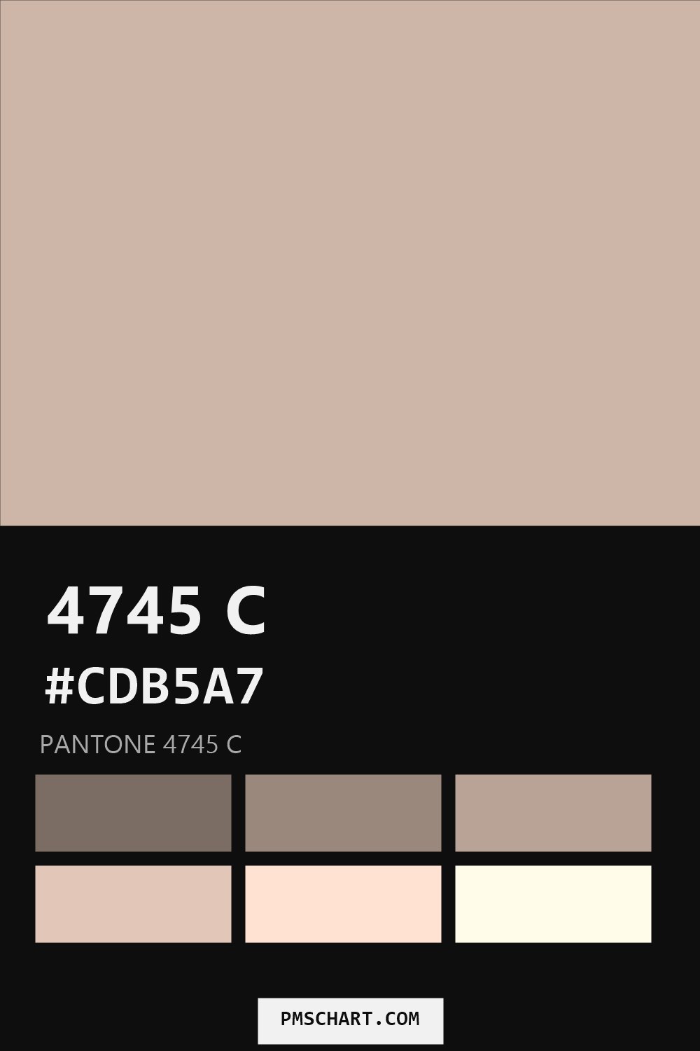 Pantone 4745 C color reference card (HEX #CDB5A7) with six nearest Pantone matches