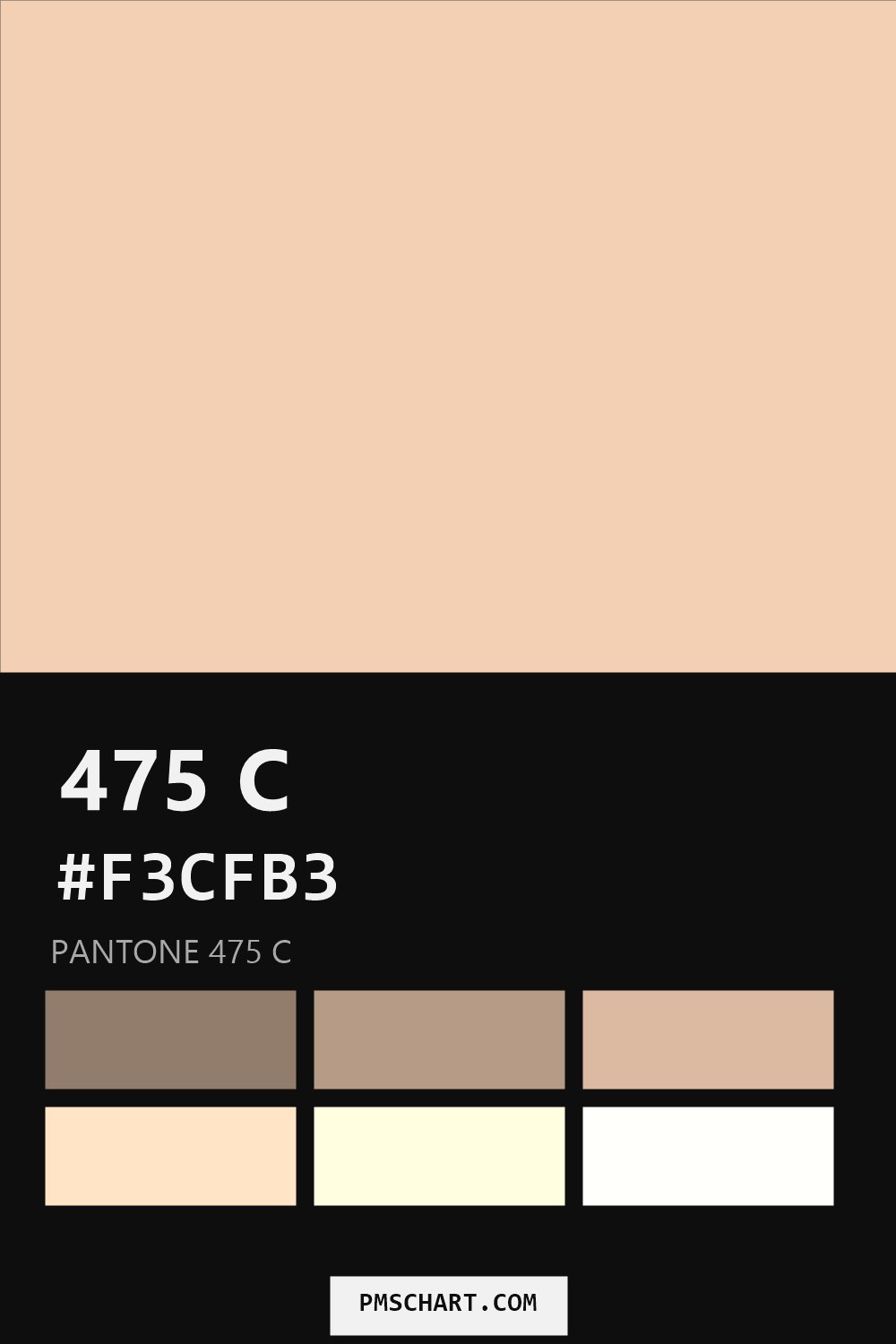 Pantone 475 C color reference card (HEX #F3CFB3) with six nearest Pantone matches