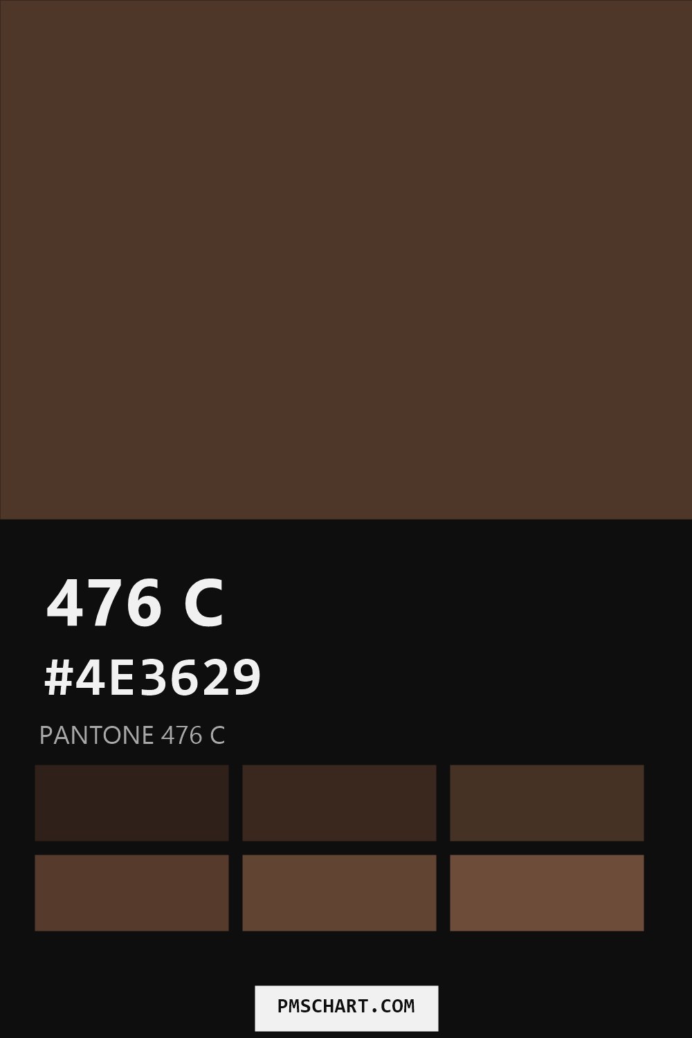 Pantone 476 C color reference card (HEX #4E3629) with six nearest Pantone matches